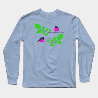 Pink robins on a tree branch Long Sleeve T-Shirt